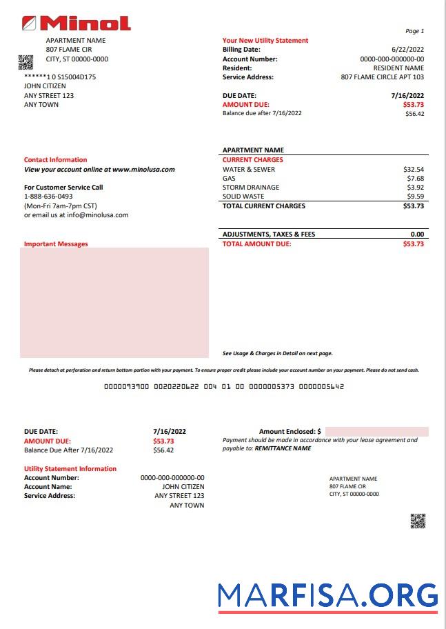 Downloadable USA Texas Minol utility bill template in Word and PDF format